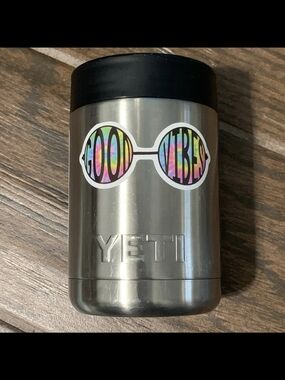 YETI Stainless Steel Can Insulator - Silver with Rainbow Sticker